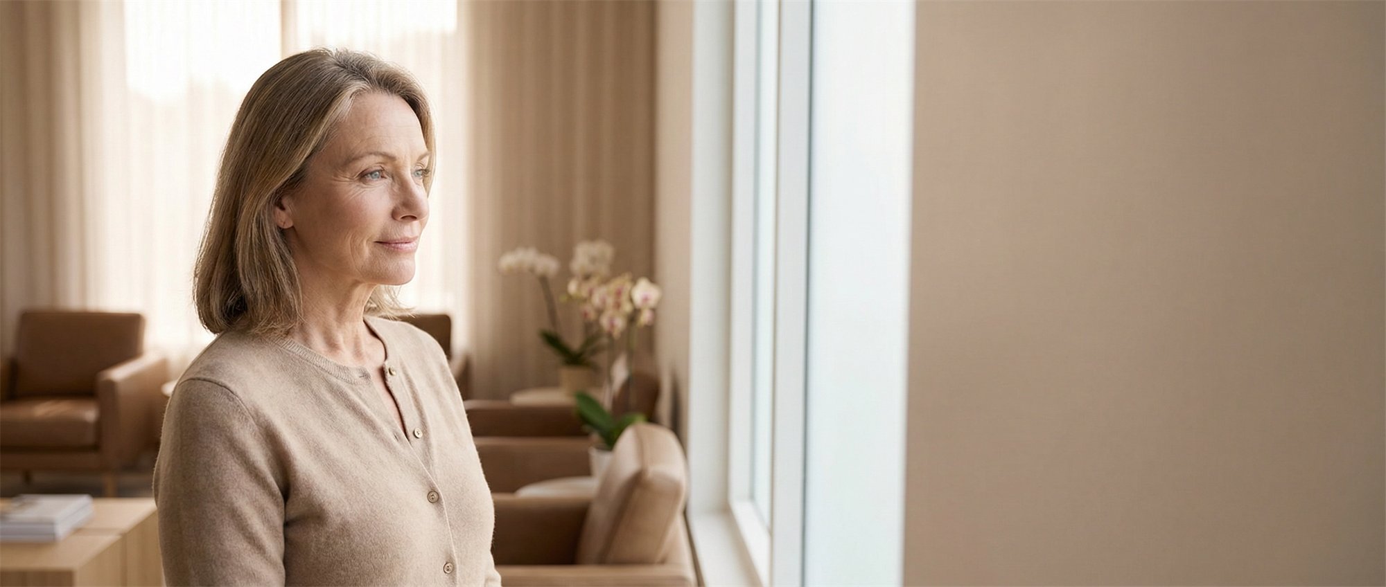 Mature woman with radiant skin looking out of a bright window in a warm interior