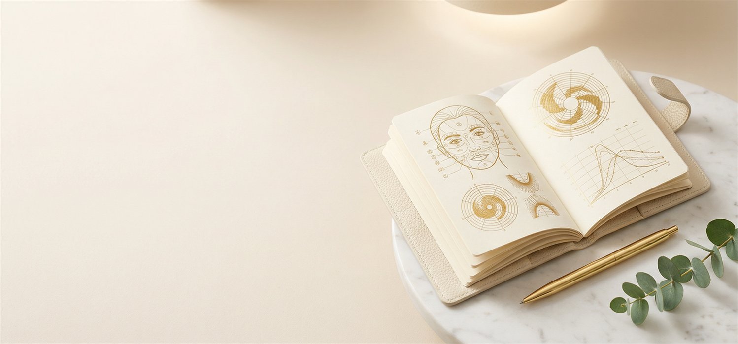 An open notebook with gold skin-diagnostic illustrations, a pen and eucalyptus on marble
