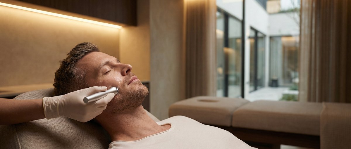 Man receiving a discreet facial rejuvenation treatment in a warm clinic room