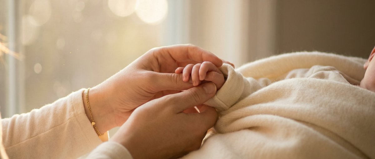 Mother gently holding her newborn baby's hand, wrapped in a soft blanket in warm window light