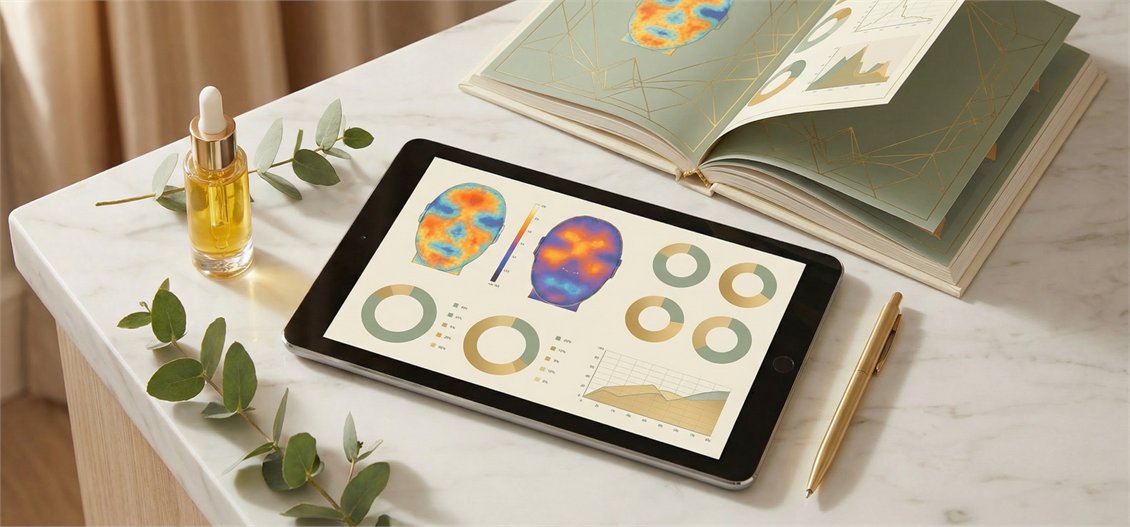 AURA skin analysis on a tablet with serum and eucalyptus at ProDerma